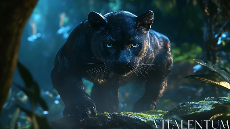 Black Panther Emerges Through Forest Mist.