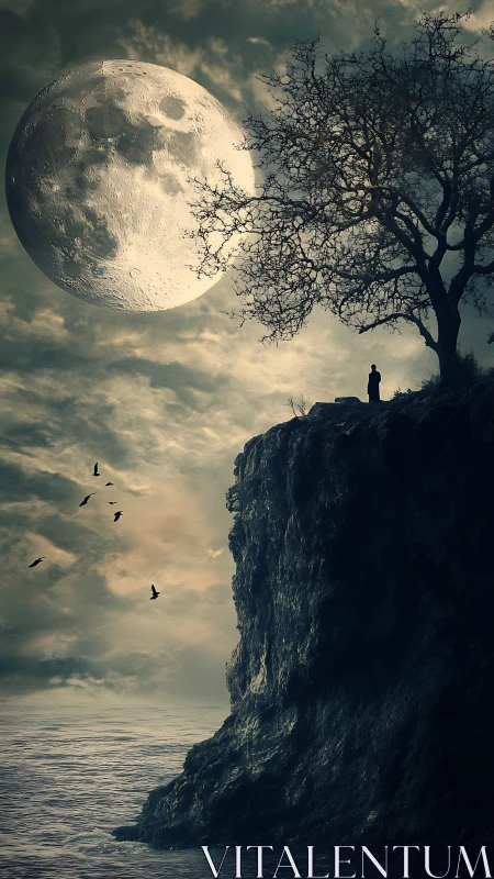 Giant moon looms above solitary figure on stormy cliff.