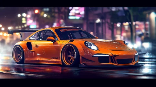 Orange race car parked on wet neon city street at night.