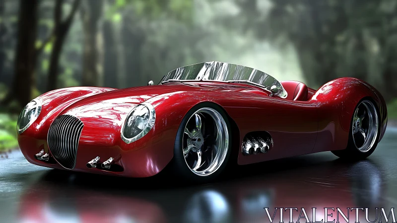 Retro-futuristic red roadster with chrome detailing in forest.