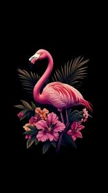 Pink flamingo with tropical flowers on black background.