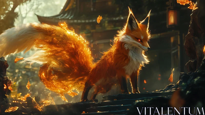 Ember-tailed fox spirit prowls through shrine-lit twilight.