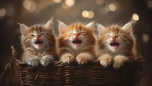 Three Ginger Kittens in Woven Basket with Bokeh Lighting.