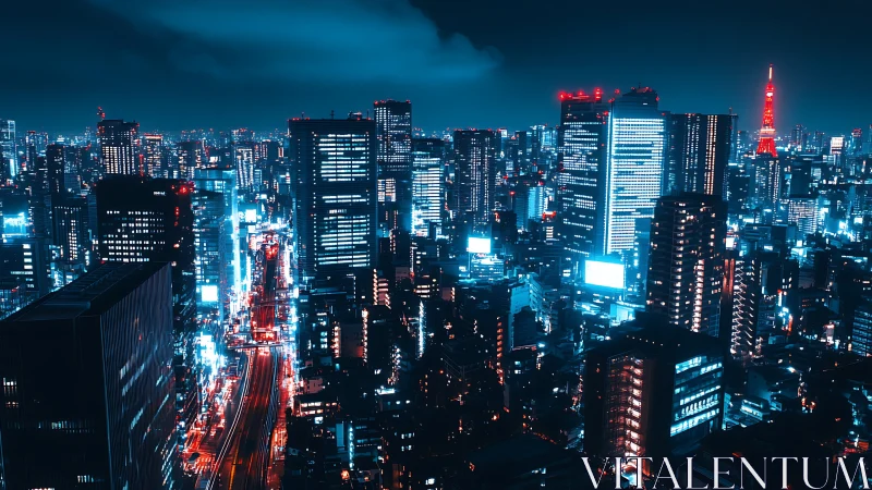 Neon city skyline glowing with cool blues and warm reds.