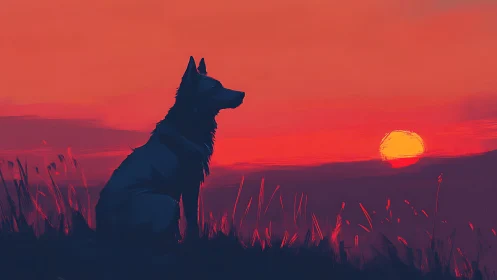Silhouetted dog watches vivid red sunset over quiet hills
