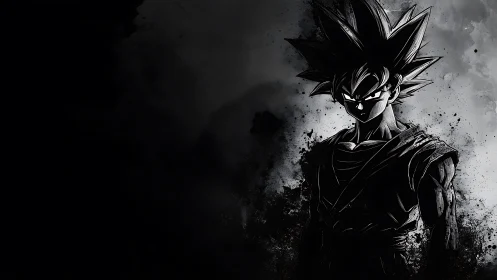 High-contrast anime warrior in monochrome ink shadows.