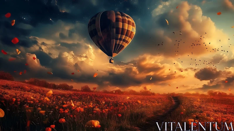 Hot air balloon ascends over cinematic sunset wildflower field