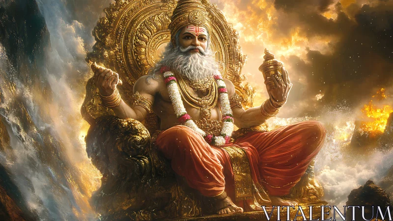 Divine sage enthroned on ornate golden seat amid celestial clouds
