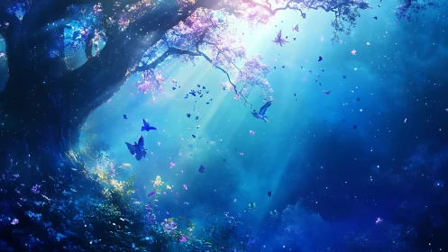 Luminescent forest canopy with butterflies in blue light.