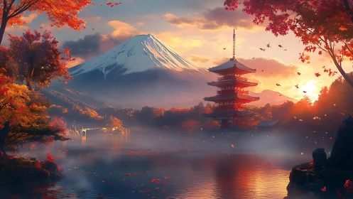 Volumetric autumn pagoda vista with stratified alpine horizon.