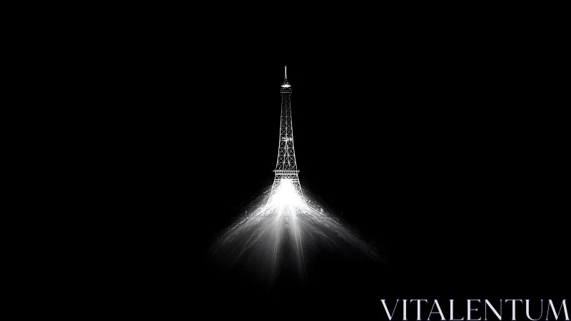 Eiffel Tower silhouette with radiant white light burst.
