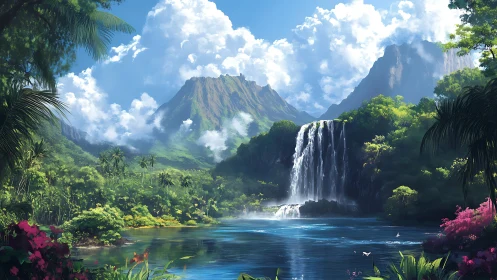 Lush tropical waterfall beneath distant mountain peaks.