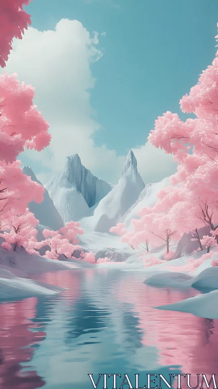 Pastel alpine river with pink foliage rendered in soft 3D lighting