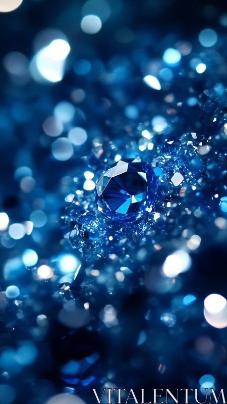 Blue sapphire gemstone amid glittering bokeh field.