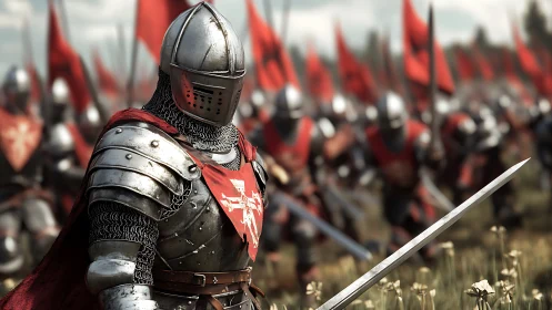 Steel-clad knights in red march toward an unseen horizon.