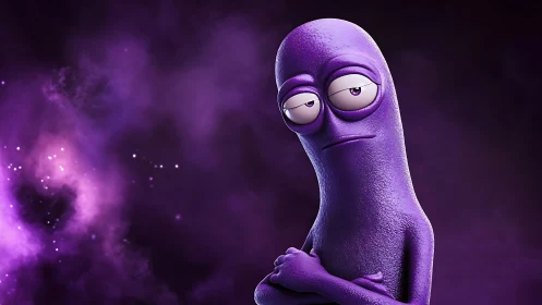Purple alien character poses against dreamy cosmic mist