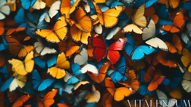 Vibrant multicolored butterflies in dense kinetic swarm composition.