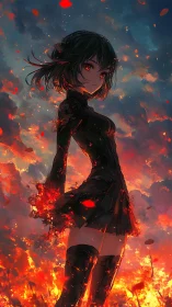 Fiery anime heroine stands amid blazing embers at dusk.