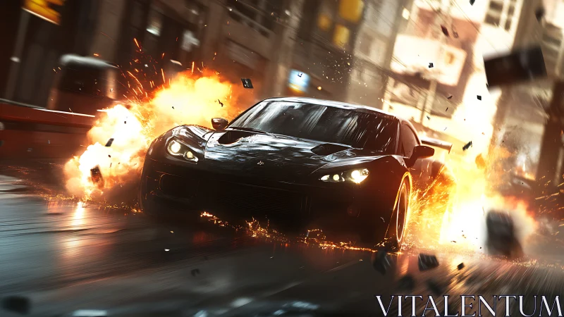 Midnight supercar blasting through explosive city chaos.