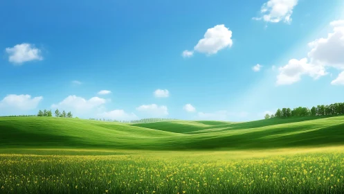 Bright rolling hills under clear blue spring sky.