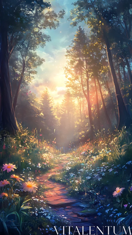 Forest Trail at Sunrise: Digital Landscape with Radiant Light and Wildflower Composition.