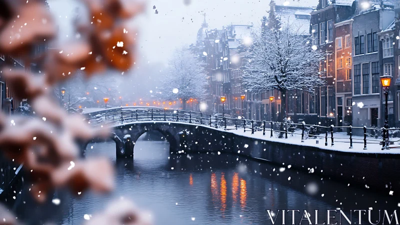 Snowy canal bridge glows under warm winter streetlights.