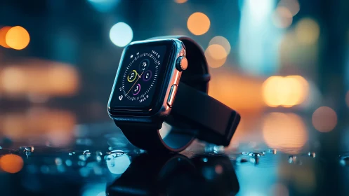 Smartwatch close-up on wet glass in neon city nightscape.