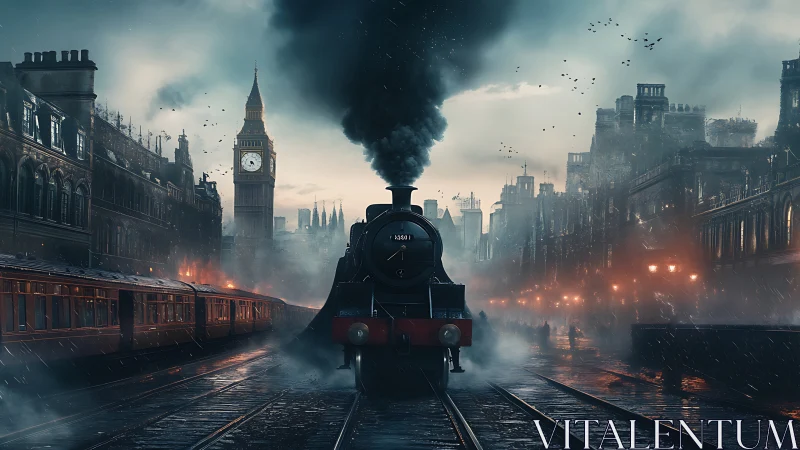 Steam train rolls into a moody London dusk station.
