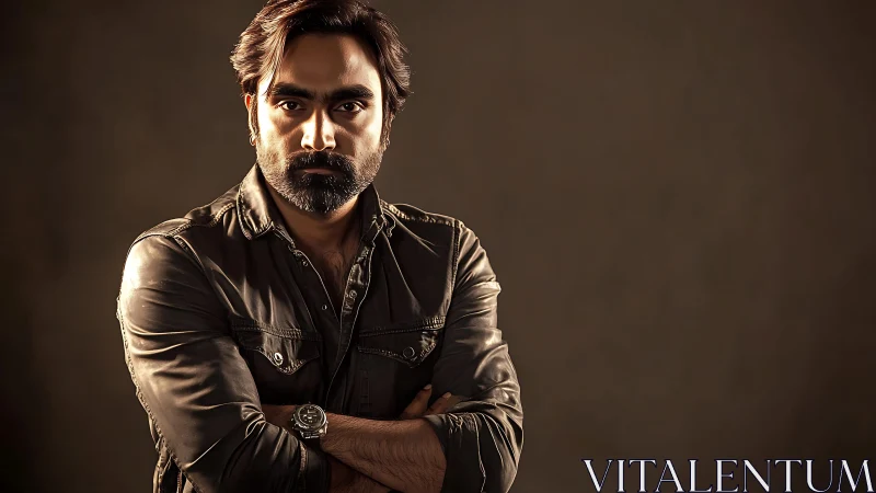 Confident man in leather jacket with warm, steady gaze.