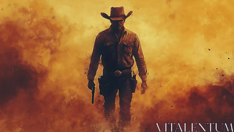 Lone cowboy strides through blazing desert dusk haze.