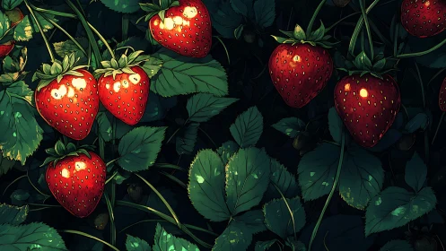 Ripened strawberries among dense foliage at night.