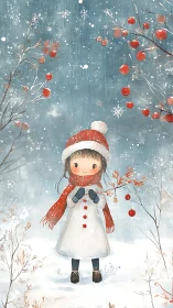Child in winter landscape with red berries and snowfall.
