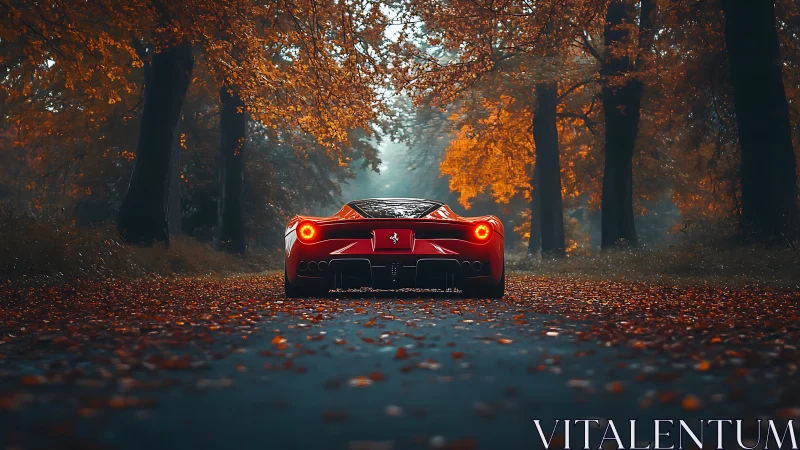 Red supercar glides through a misty autumn forest road