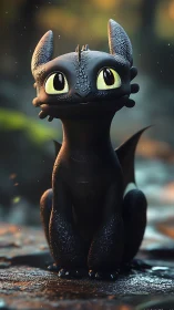 Cute black dragon character with glowing green eyes.