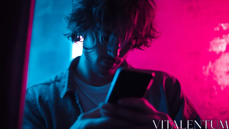 Moody smartphone user in split neon cyan magenta side lighting study
