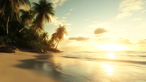 Sunlit tropical shoreline shows palm trees and calm waves