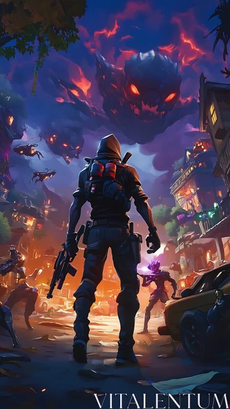 Armed lone soldier confronting fiery astral demon swarm at dusk