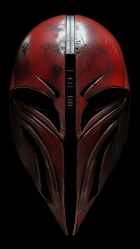 Red sci fi combat helmet with worn metallic surface texture.