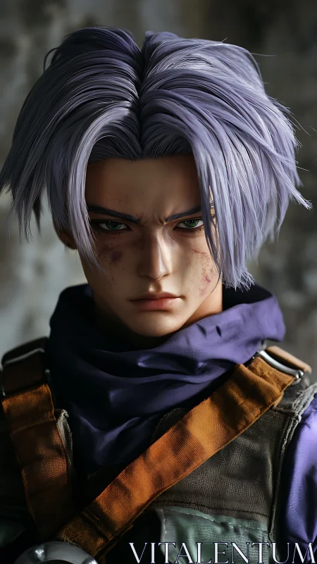 Purple haired character with harness in frontal portrait.