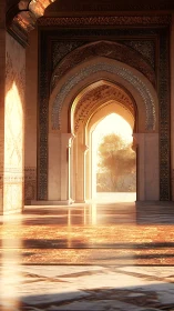 Sunlit Islamic archway interior with detailed patterned walls