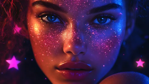 Neon stardust portrait in vivid cosmic close-up lighting.