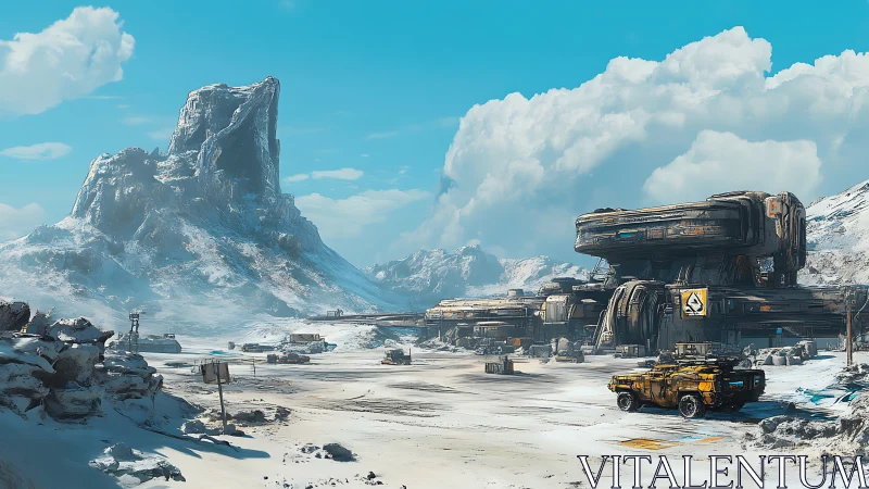 Snow-covered industrial outpost below large rocky peak.