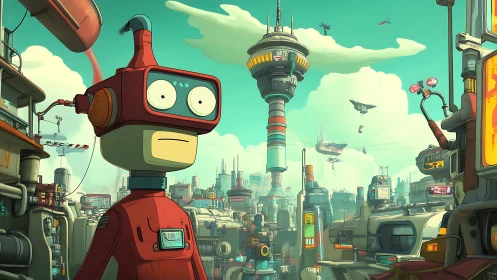 Retro robot observes dense futuristic cityscape in daylight