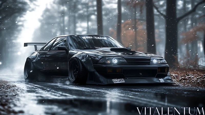 Widebody drift coupe under moody snowfall in wet forest road.
