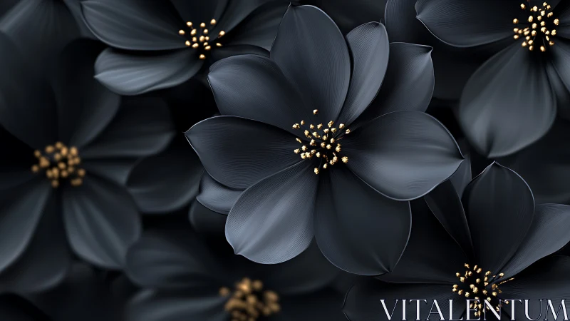 Dark petaled flowers with metallic gold stamens on black background