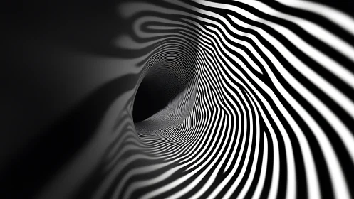Monochrome striped tunnel curves into deep abstract void