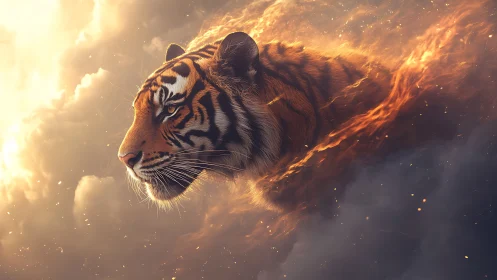 Tiger head emerging through clouds and embers in sky scene.