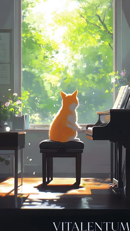 Backlit feline pianist at window-framed verdant canopy study.