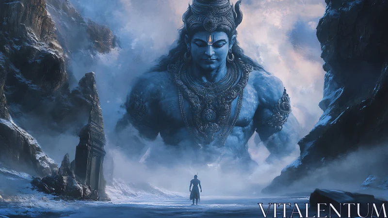 Colossal blue deity over frozen canyon with lone pilgrim.