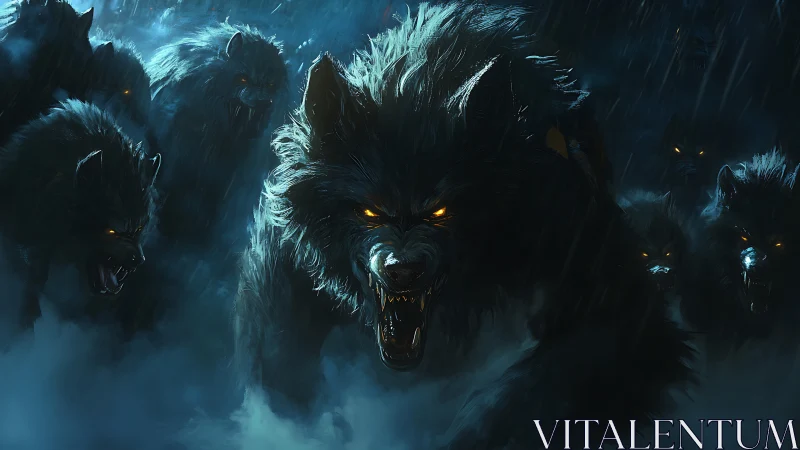 Ferocious spectral wolf pack charging through storm mist.